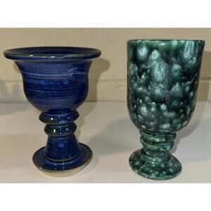 Tab Boren Pottery Handmade Wine Goblets 1-Cobalt Blue Has Chip 1-Green Splatter
